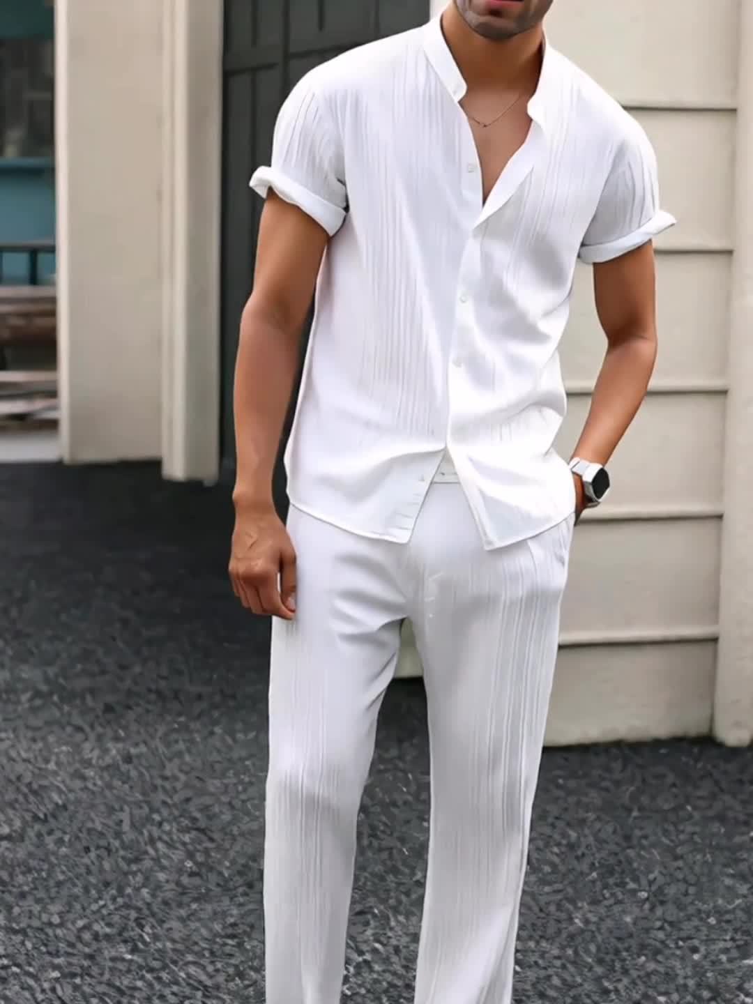 Kavaroq™ Men's Summer Set with Mao Collar Shirt and Drawstring Pants
