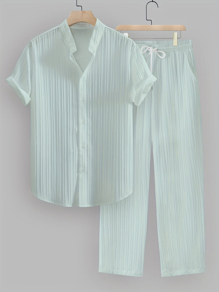 Kavaroq™ Men's Summer Set with Mao Collar Shirt and Drawstring Pants