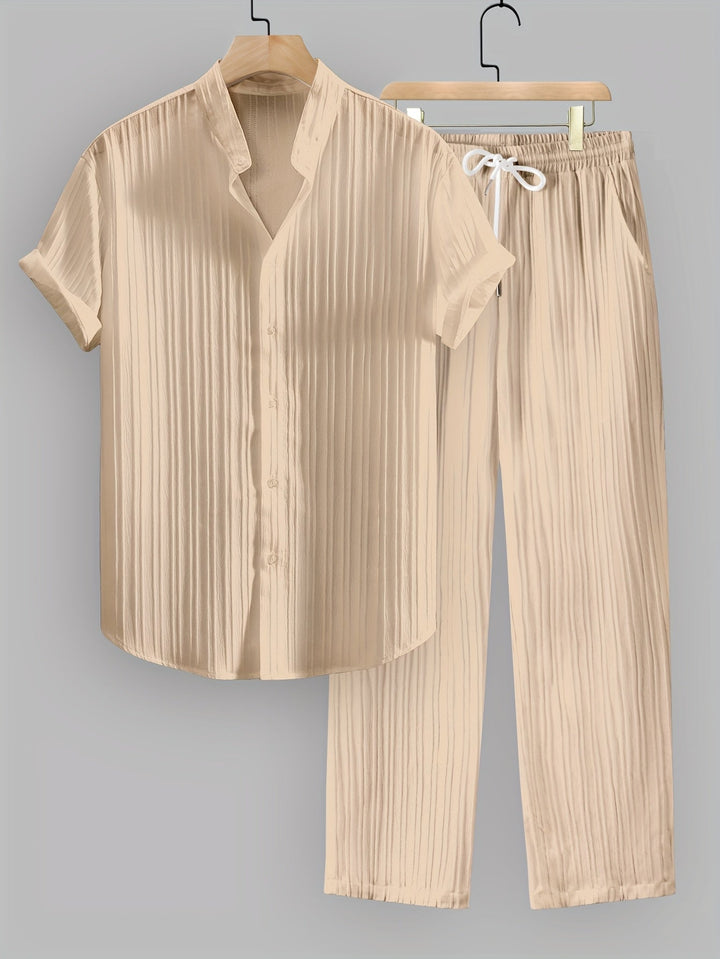 Kavaroq™ Men's Summer Set with Mao Collar Shirt and Drawstring Pants