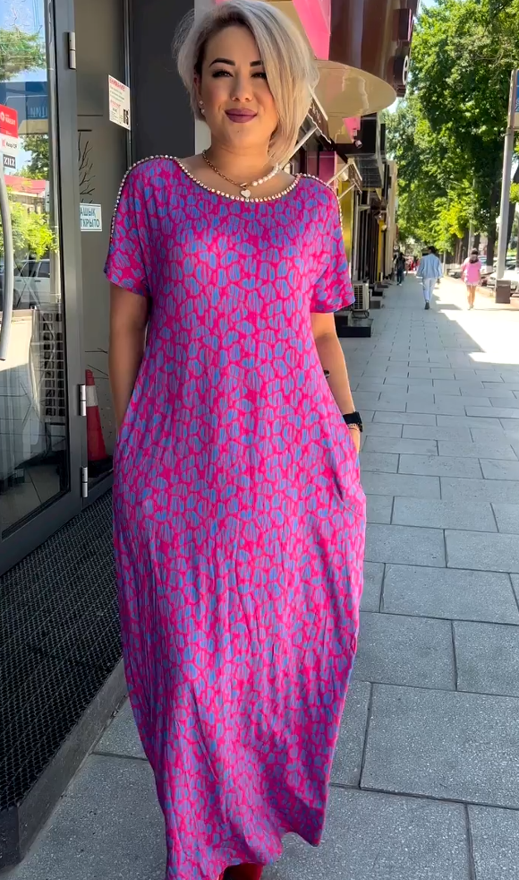 Leni™ Pink and Purple Floral Print Dress with Diamond Neckline