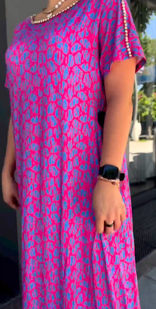 Leni™ Pink and Purple Floral Print Dress with Diamond Neckline