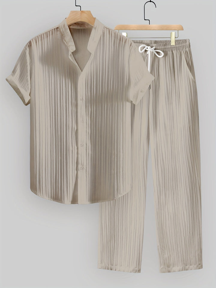 Kavaroq™ Men's Summer Set with Mao Collar Shirt and Drawstring Pants