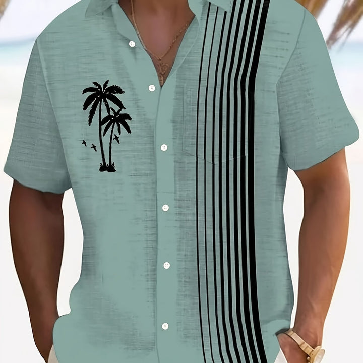 Javroni™ Men's Tropical Shirt with Palm and Stripe Print