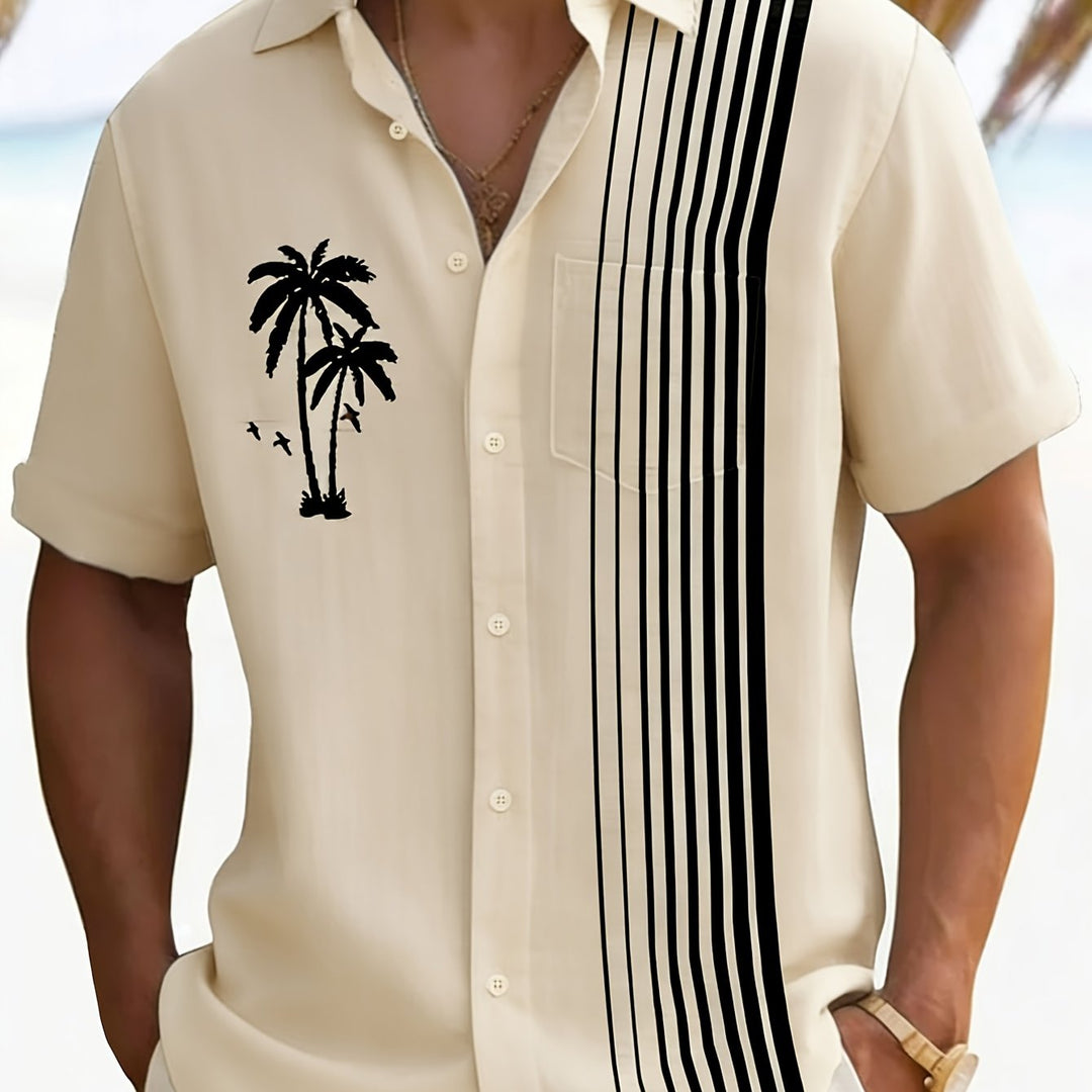 Javroni™ Men's Tropical Shirt with Palm and Stripe Print