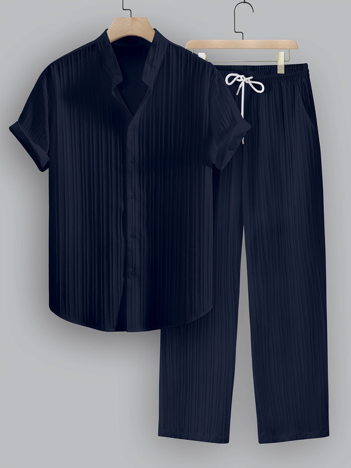 Kavaroq™ Men's Summer Set with Mao Collar Shirt and Drawstring Pants