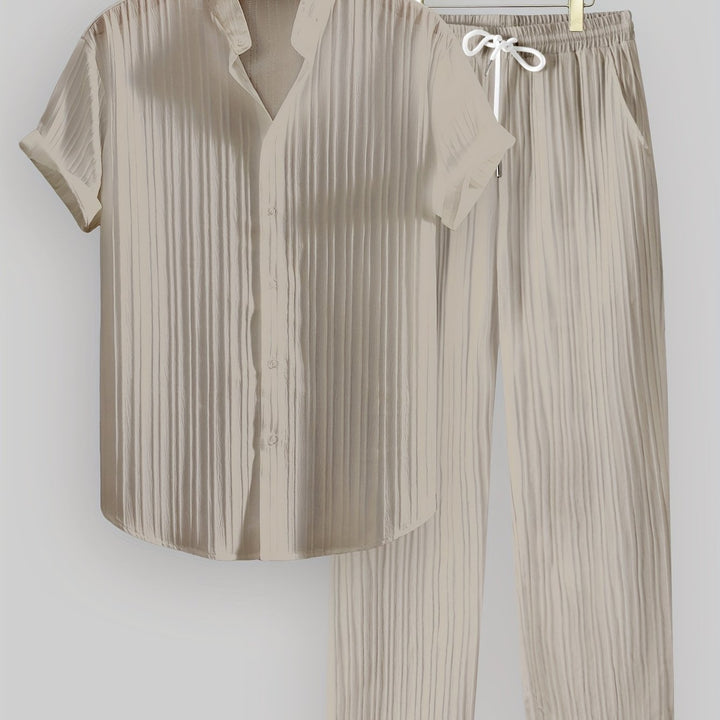 Kavaroq™ Men's Summer Set with Mao Collar Shirt and Drawstring Pants