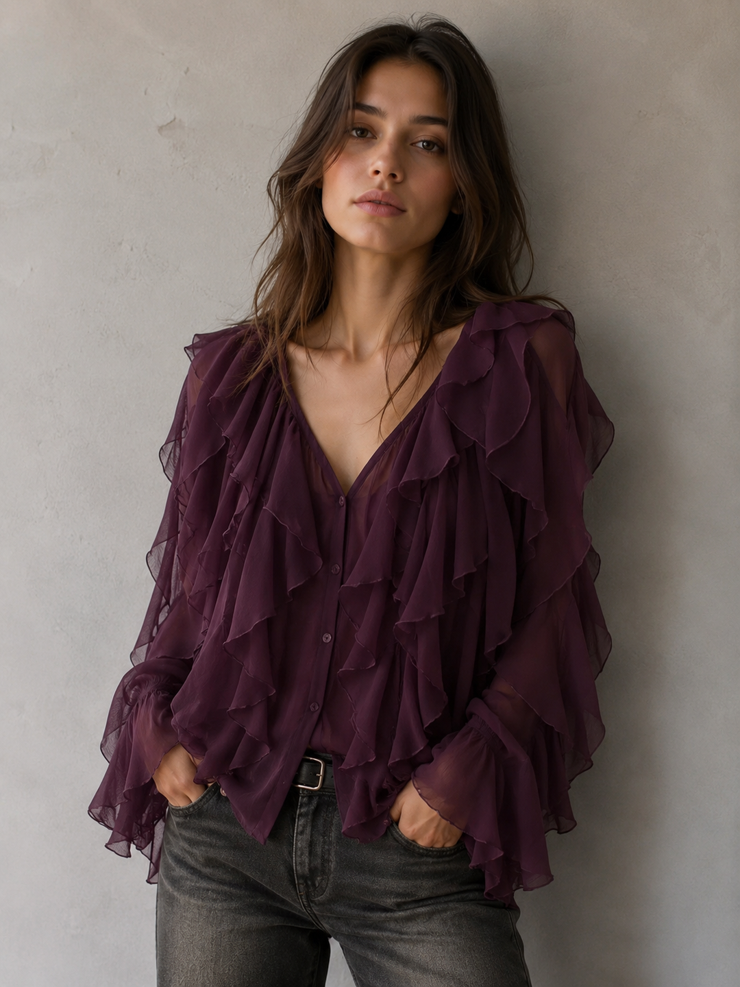 Hensira™ Gray Bohemian Blouse with Ruffles
