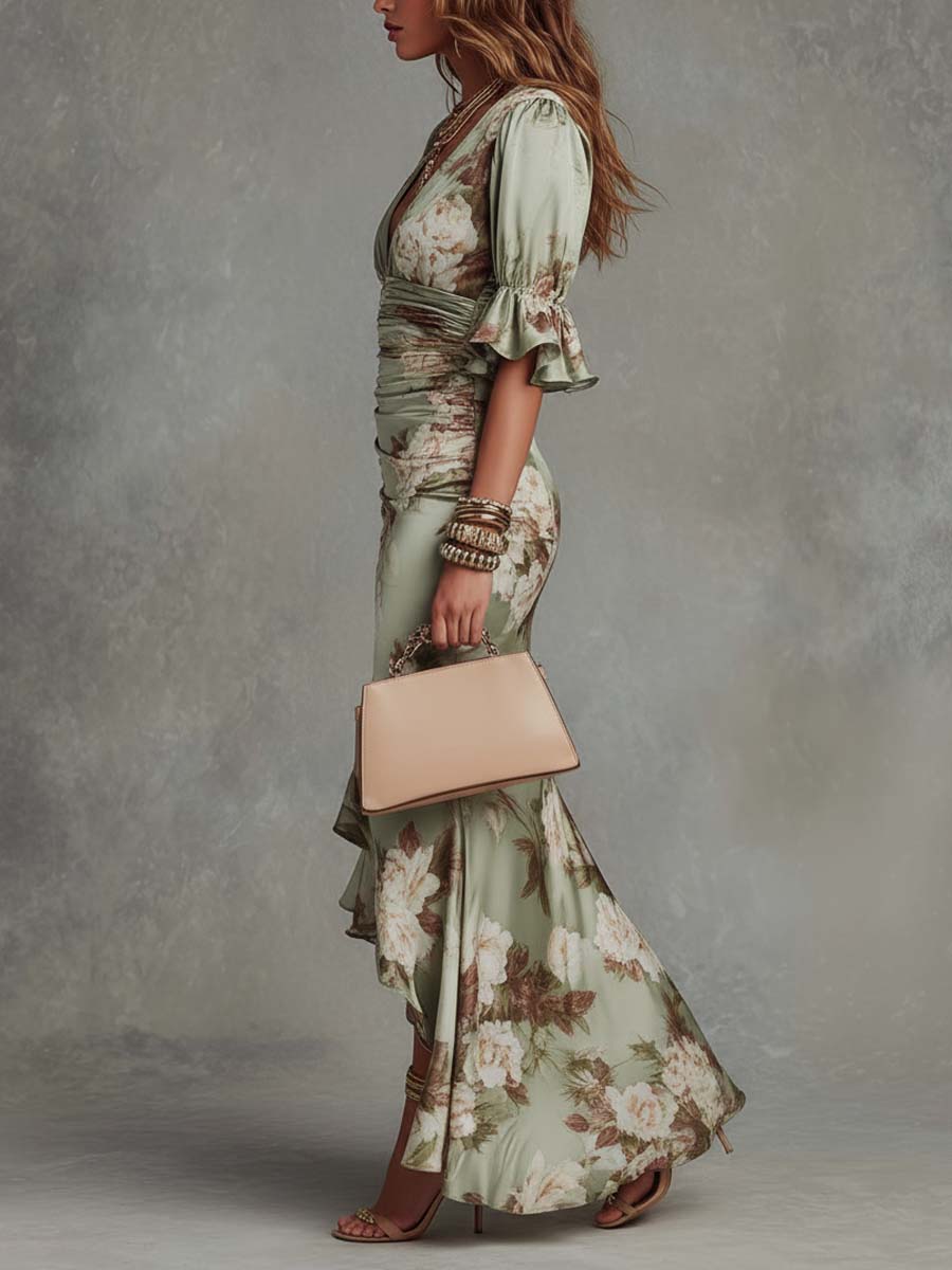 Virae™ Satin Midi Dress with Floral Print and V-Neck