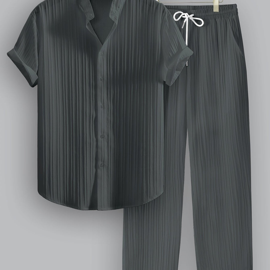 Kavaroq™ Men's Summer Set with Mao Collar Shirt and Drawstring Pants