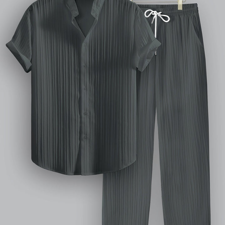 Kavaroq™ Men's Summer Set with Mao Collar Shirt and Drawstring Pants