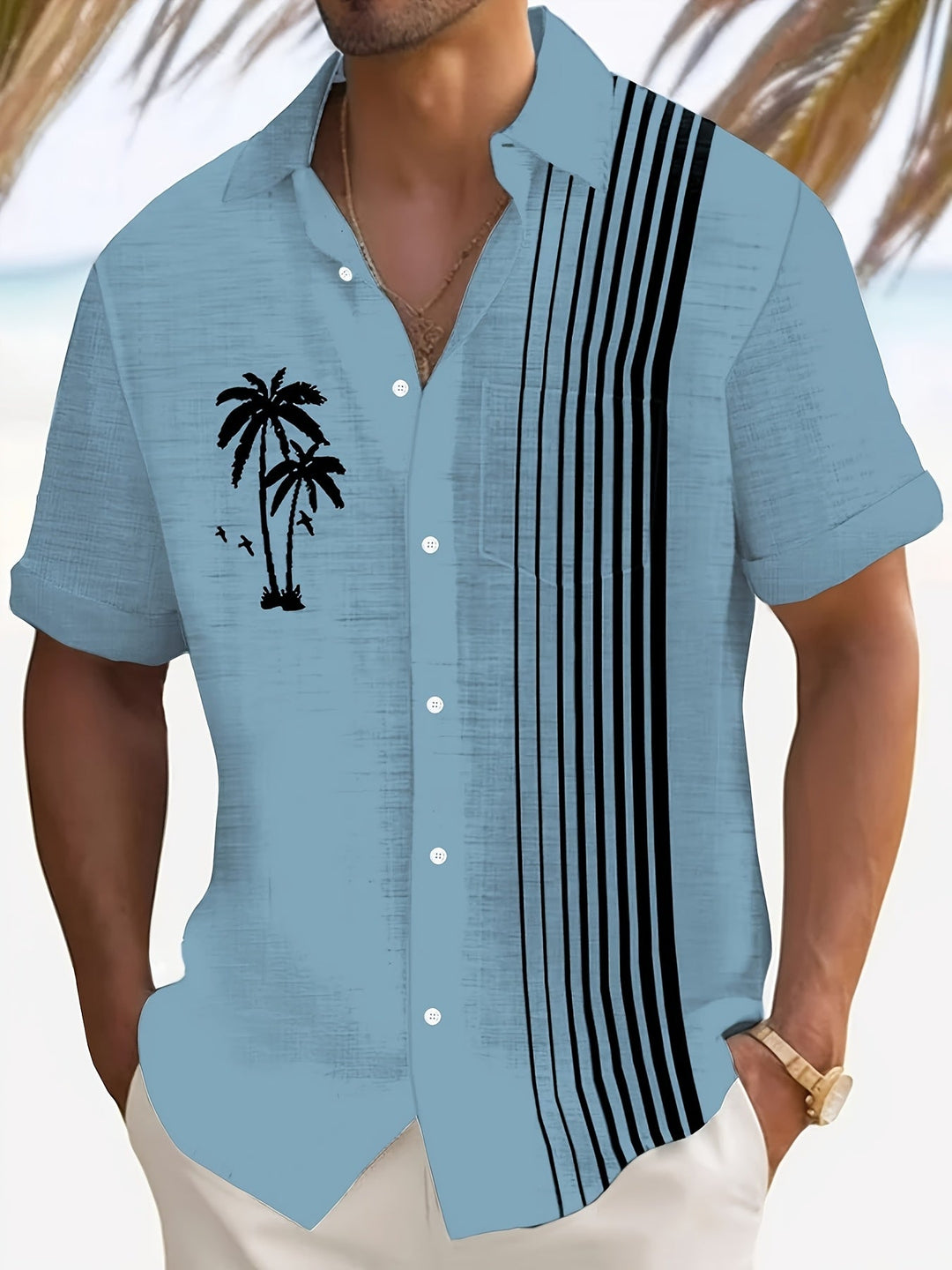 Javroni™ Men's Tropical Shirt with Palm and Stripe Print