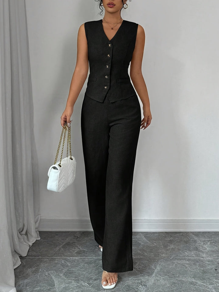 Malia™ Elegant Vest with V-Neck and Straight Pants Set