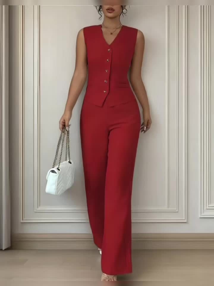 Malia™ Elegant Vest with V-Neck and Straight Pants Set