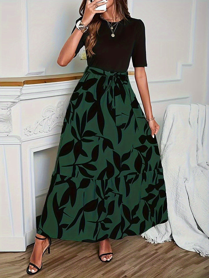 Vanya™ Elegant Midi Dress with Geometric Print and Puff Sleeves
