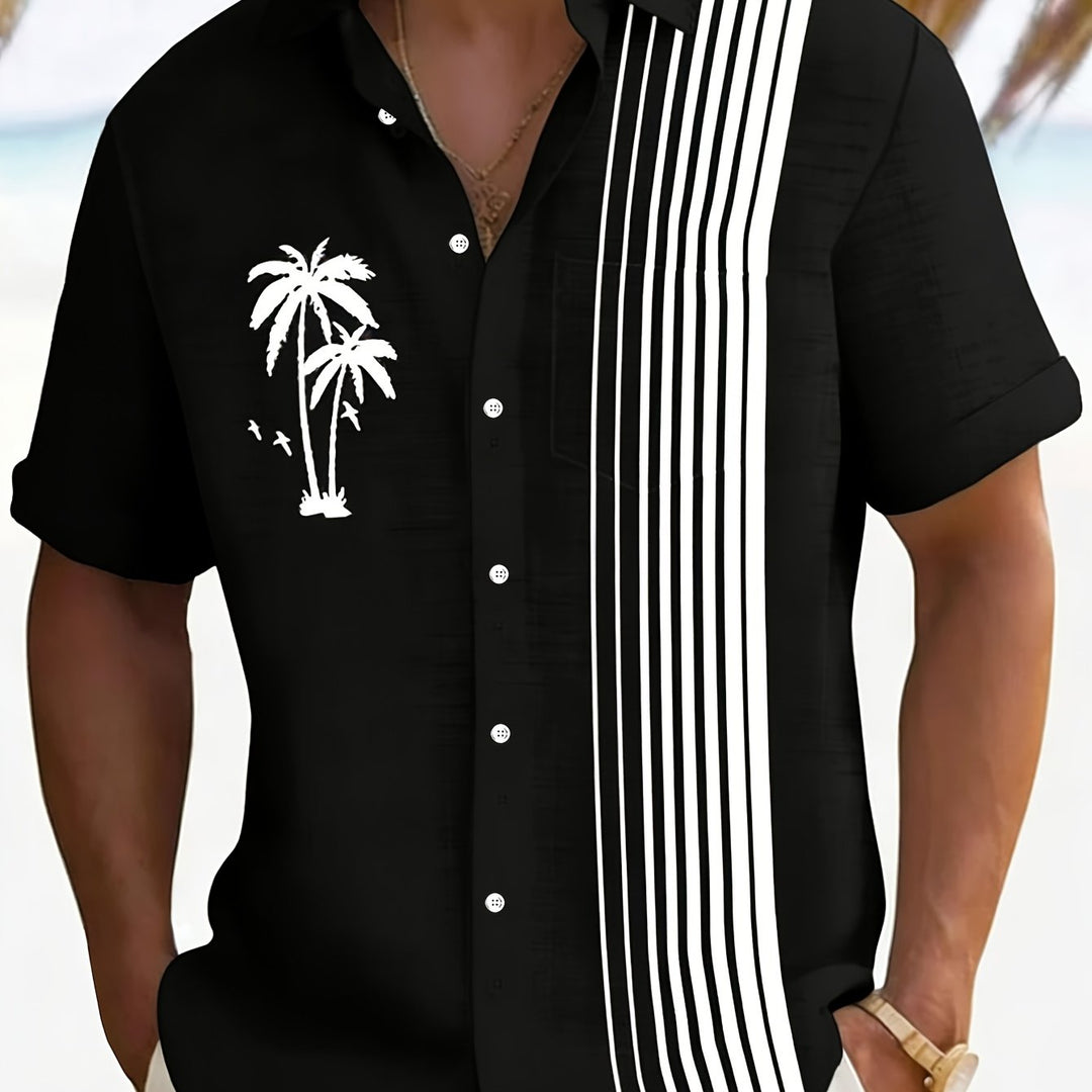 Javroni™ Men's Tropical Shirt with Palm and Stripe Print
