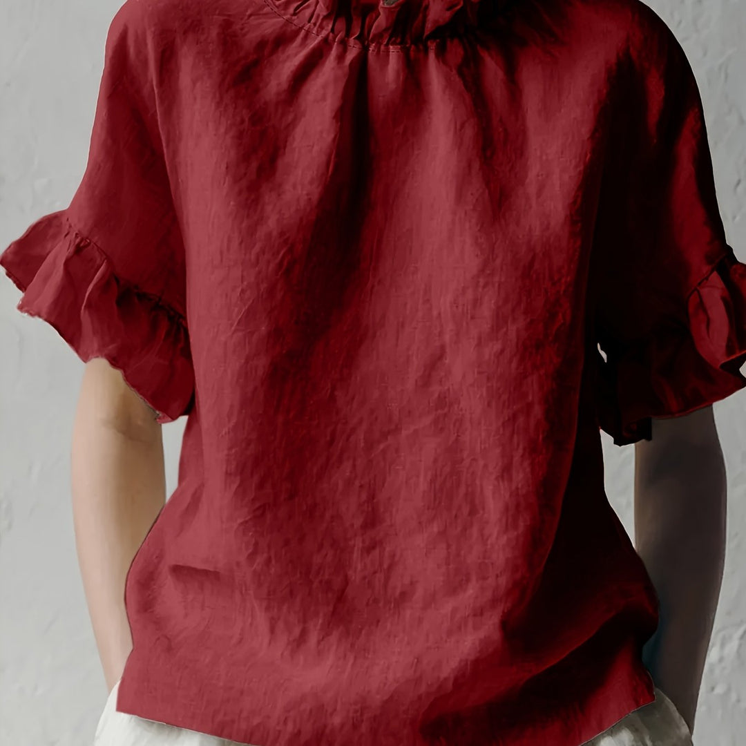 Yuna™ Casual Solid Color Blouse with Elegant Neckline